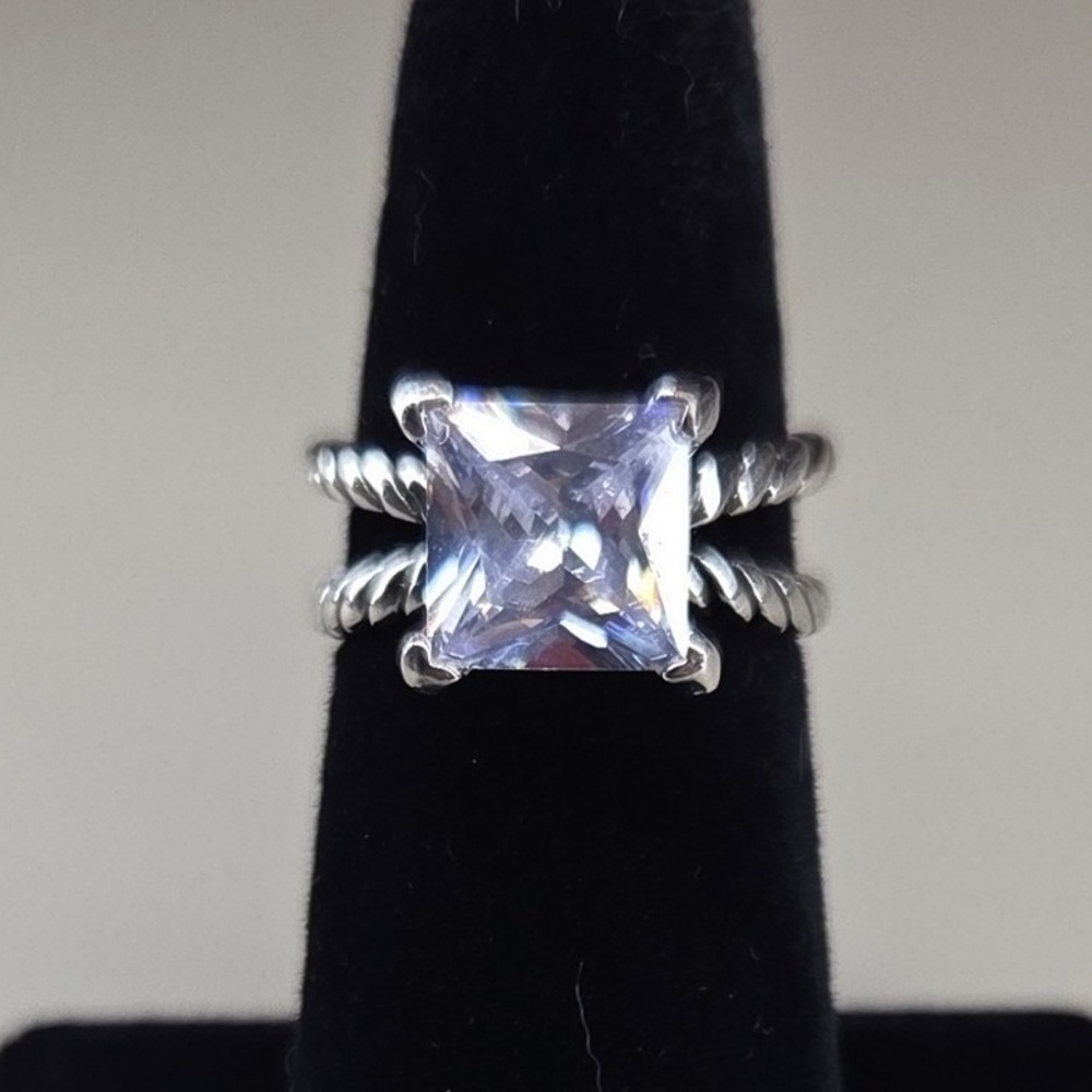 Silver Tone Double Cable Twisted Rope Princess Cut Solitaire Ring Sz 6 0413